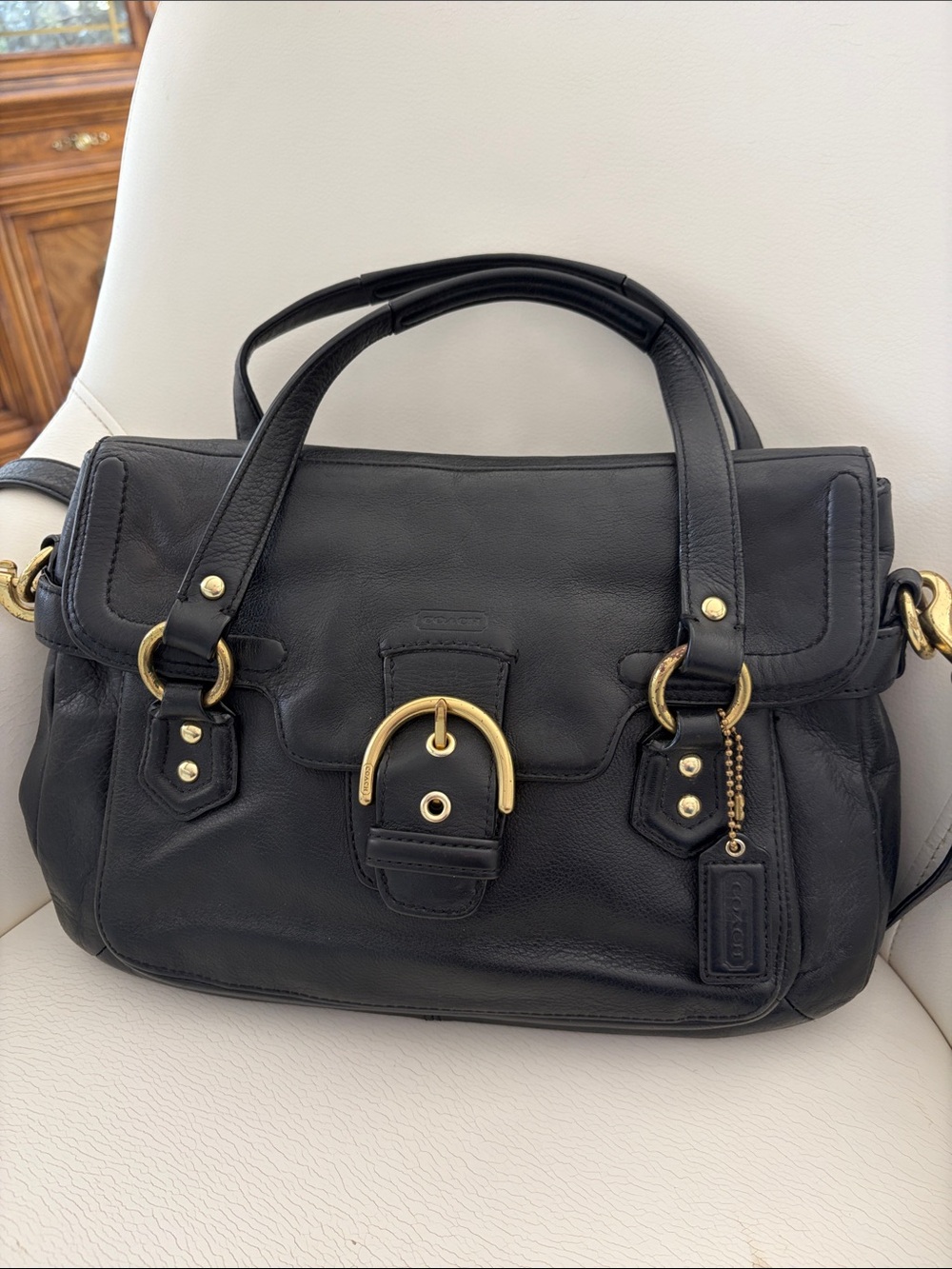 Classic Black Leather Satchel Handbag COACH